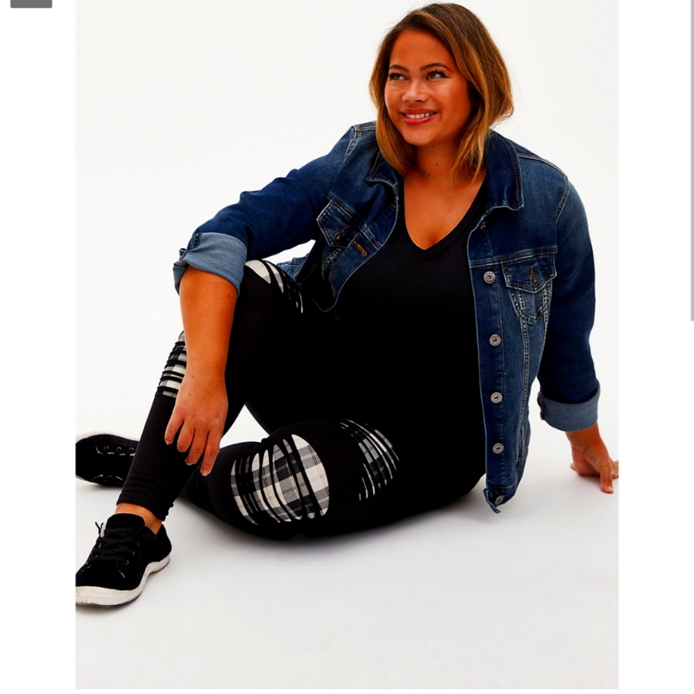 Black mesh strappy premium leggings inset plaid plaid